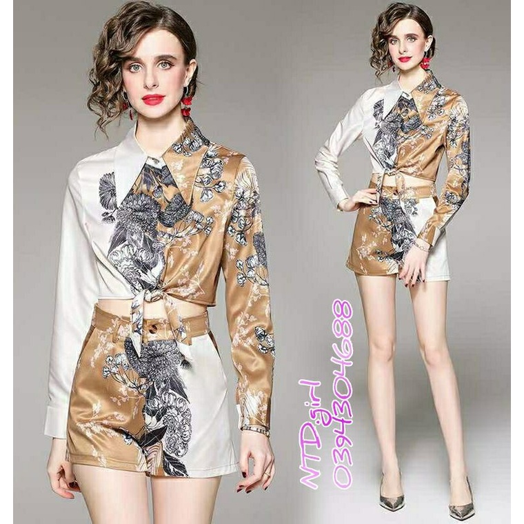 Hàng nhập - Set bộ nữ lụa in hoa văn cổ sơ mi, sét đồ thời trang quần short và áo croptop