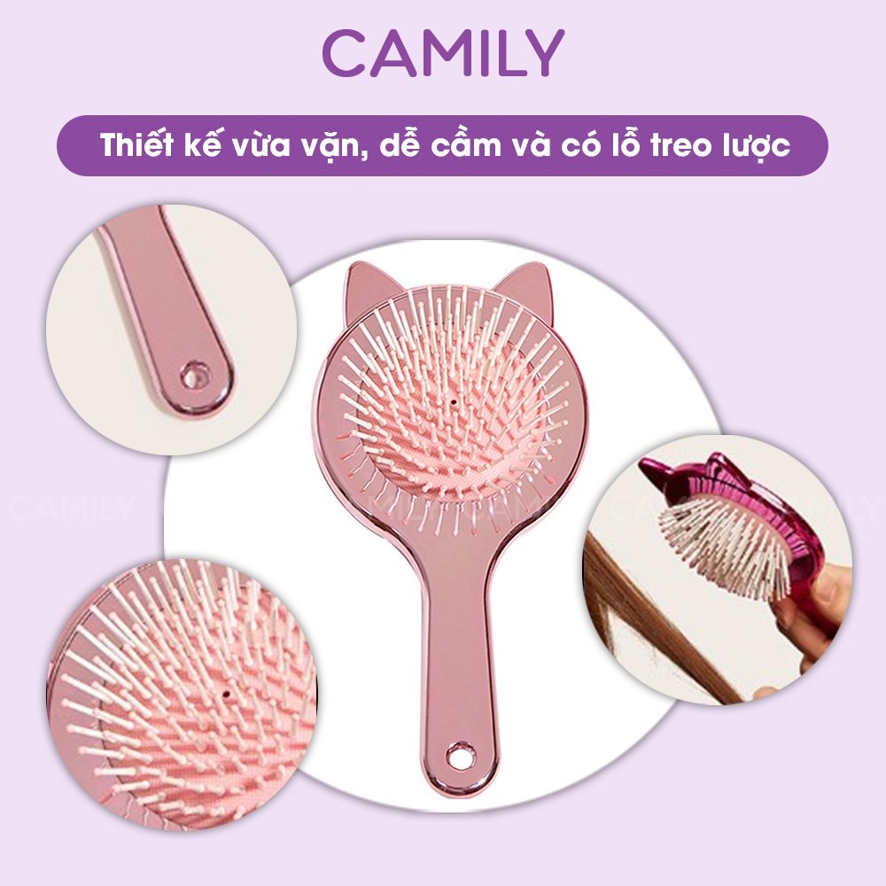 Lược Camily lược tròn chải tóc thiết kế đệm khí massage đầu hình tai mèo tráng gương cao cấp LC07