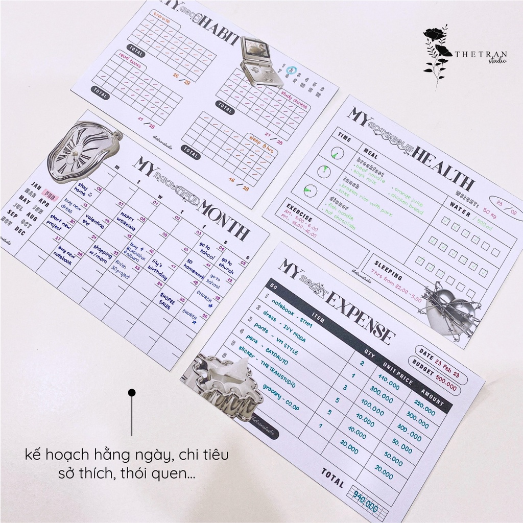 Bộ 16 tờ giấy ghi chú kế hoạch hàng ngày, thói quen, chi tiêu, sở thích size A6 / mini planner / thetranstudio