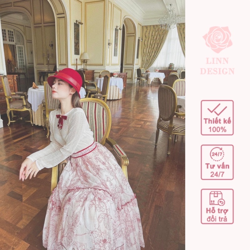 Set áo ren cổ nơ, chân váy tơ in hoa Moli by Linn Design