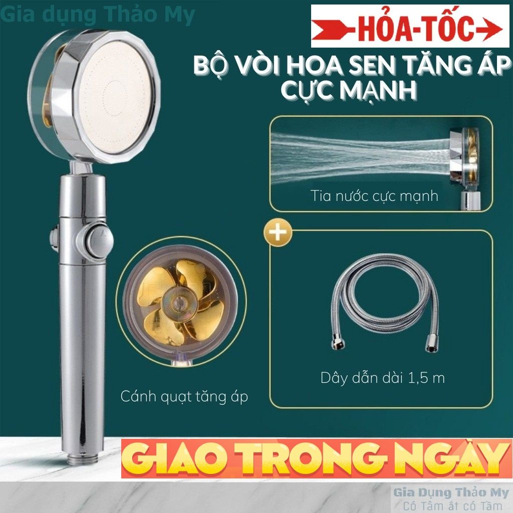Vòi sen tăng áp cánh quạt đầu xoay 360 độ có nút nhấn kèm dây