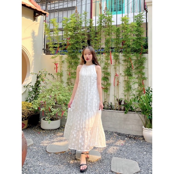 ĐẦM SIE - Đầm yếm nữ buộc nơ, tầng thêu