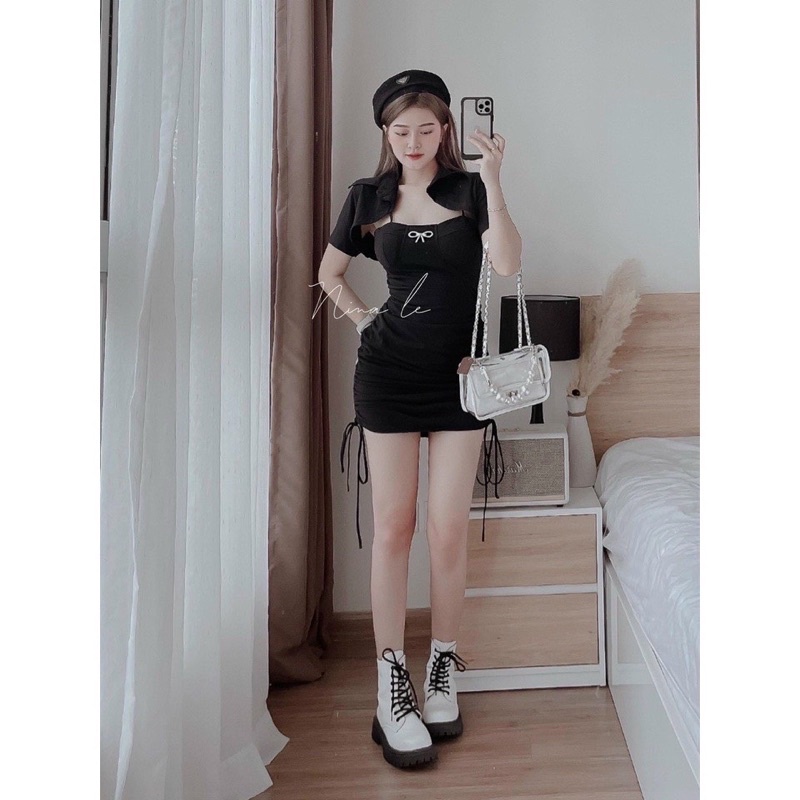 Set đầm 2 dây đen body t dây đính đá hoa kèm khoác crop cutout mẫu