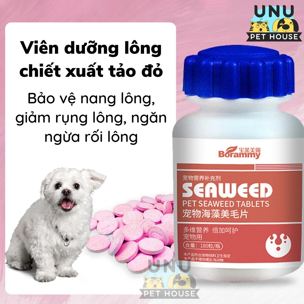 Dưỡng lông cho chó mèo BORAMMY chiết xuất tảo biển, bảo vệ nang lông, dưỡng lông bóng mượt, lọ 180 viên - UNU Pet House