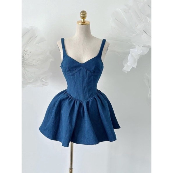 Đầm Xoè Hai Dây Jean Chiết Eo Kèm Ảnh Thật CC007