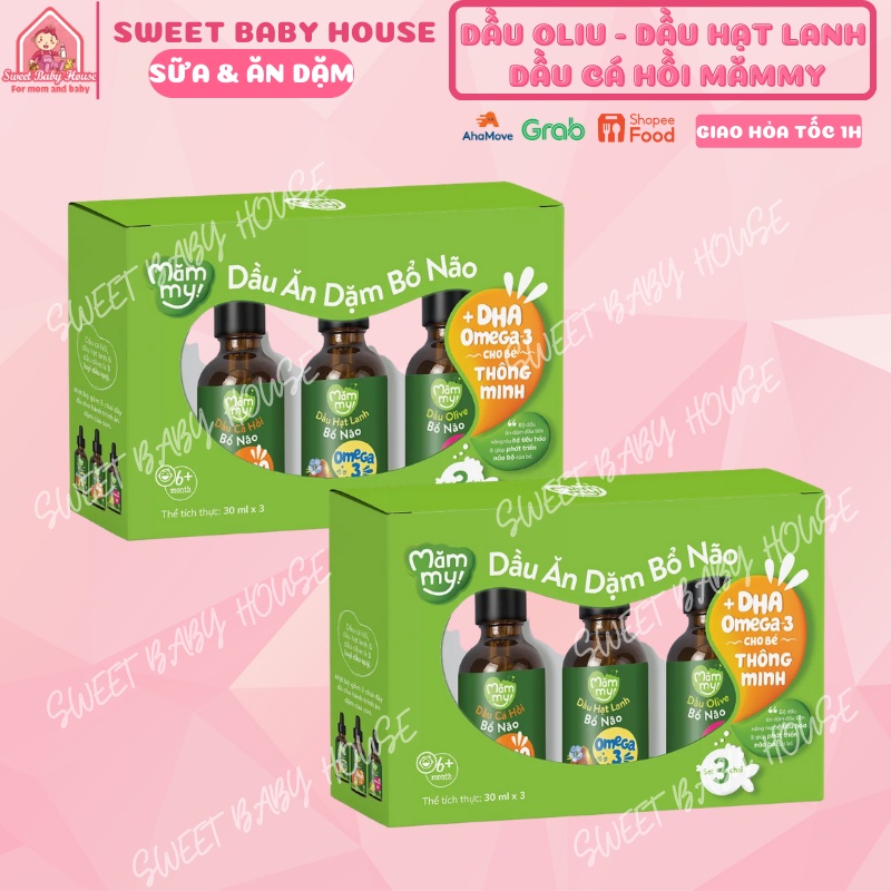 Set 3 chai dầu oliu, hạt lanh, cá hồi bổ não Mămmy 30ml cho bé ăn dặm từ 6 tháng. Date 8/2024 - Sweet Baby House