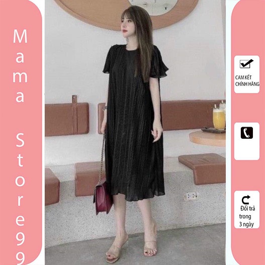 Đầm Bầu Váy Bầu Mùa HèCổ Tròn Tay Ngắn Chất Voan Xếp Li Hai Lớp Thiết Kế Công Sở Lịch Sự Đi Làm Đi Chơi Mama Store99