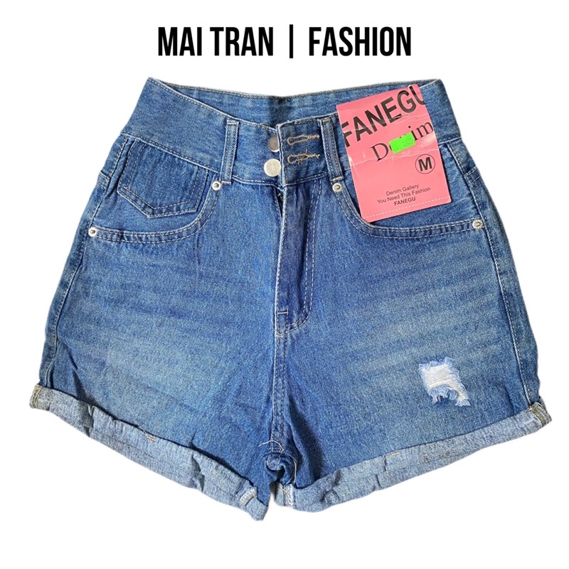 Quần short jean rách nhẹ không co giãn lưng cao săn lai phong cách trẻ trung