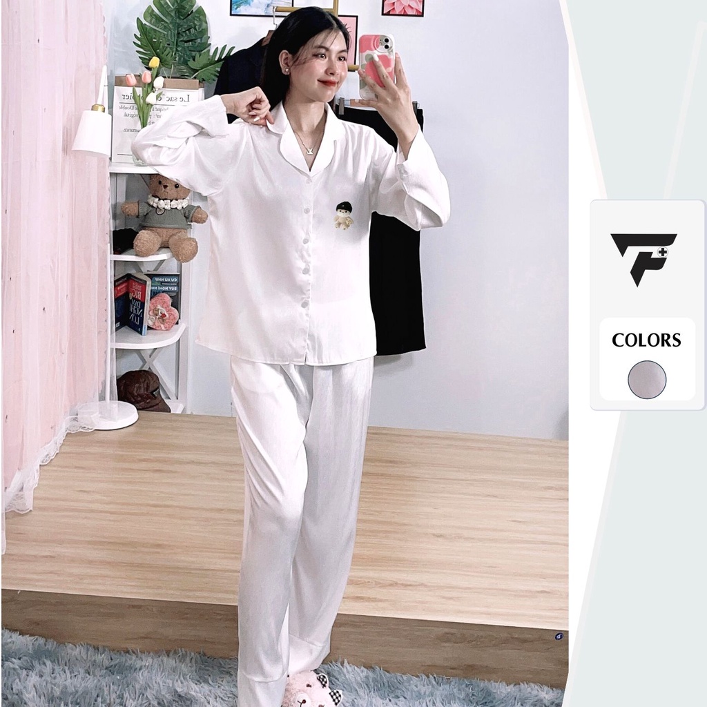 Bộ pijama TƠ TẰM ÁNH KIM T1 in hình gấu cute mặc nhà mặc ngủ tay dài quần dài