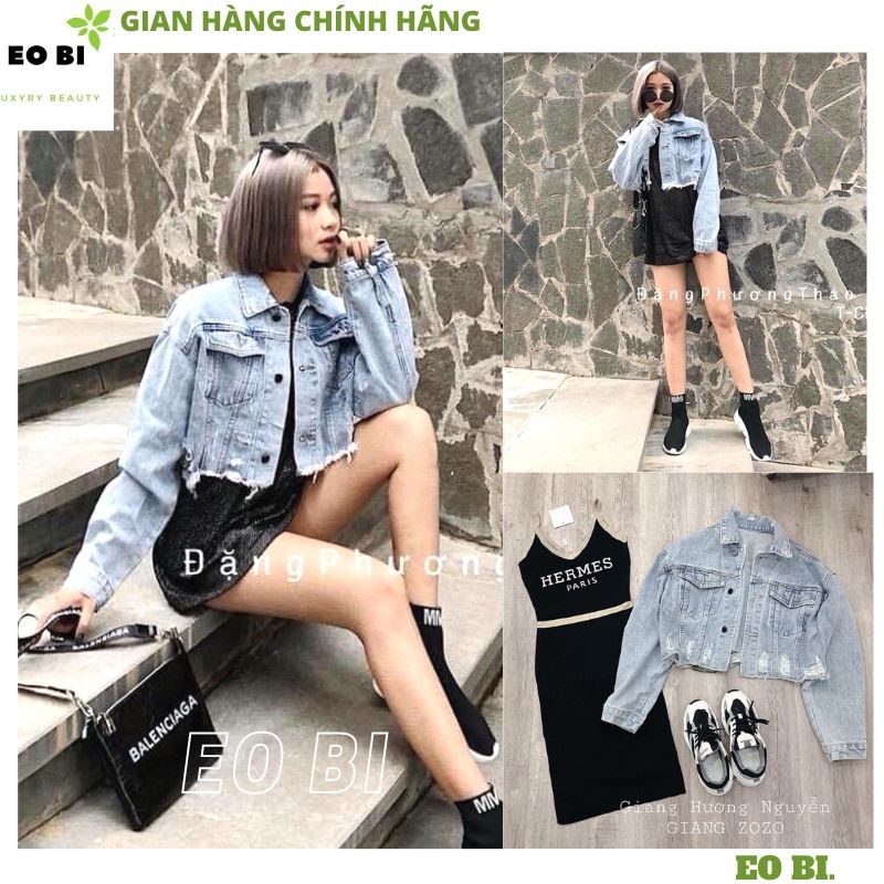 Áo khoác bò croptop rách tua rua màu xanh nhạt, Áo khoác jean nữ rách sau kiểu dáng Hàn Quốc hottrend cực chất - EOBI