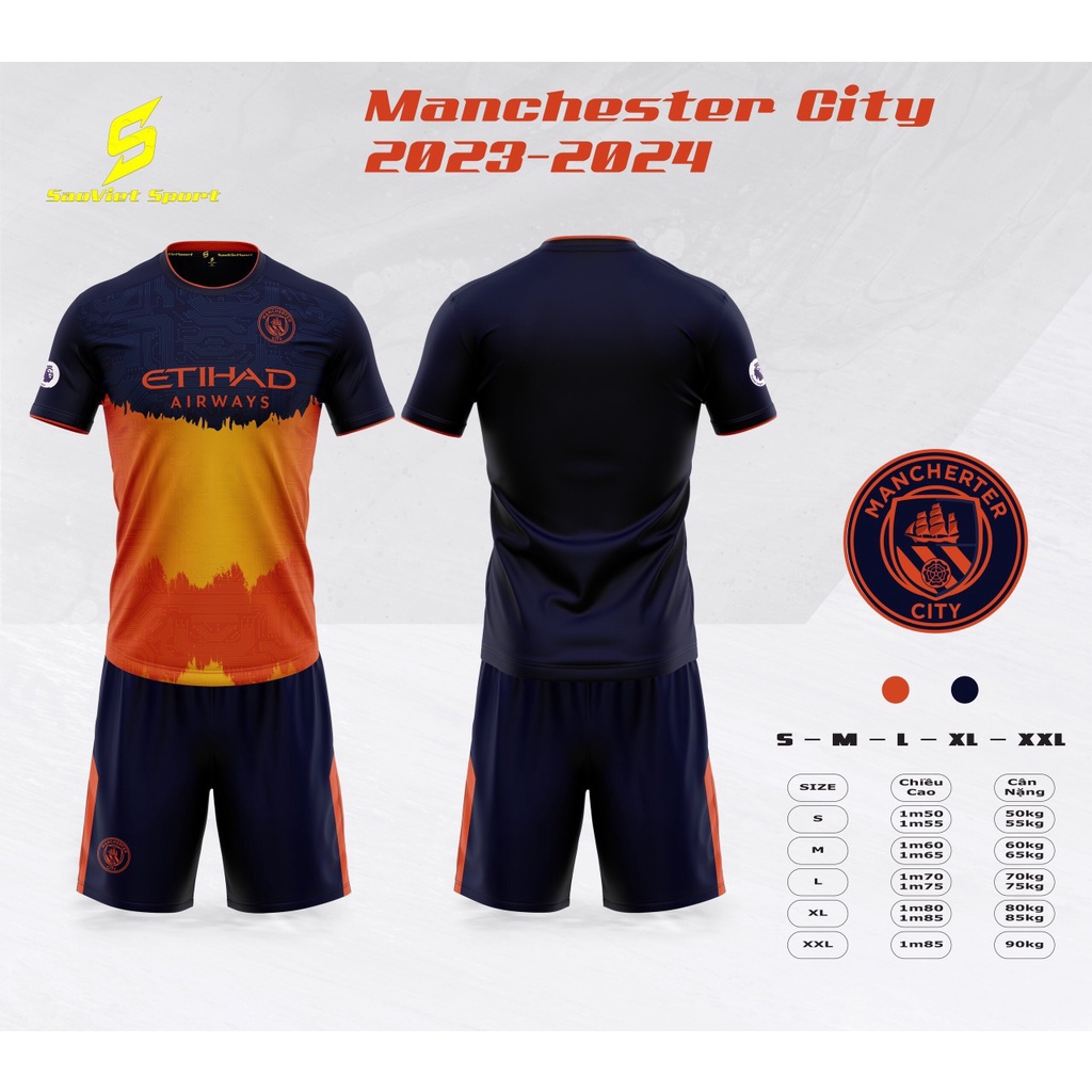 Bộ quần áo đá banh Man City xanh dương cam Sao Việt mới 23/24