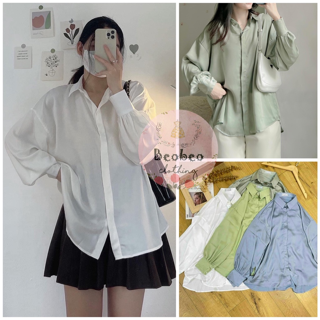 [Ảnh thật] Áo sơ mi lụa oversize tay phồng 4 màu vintage