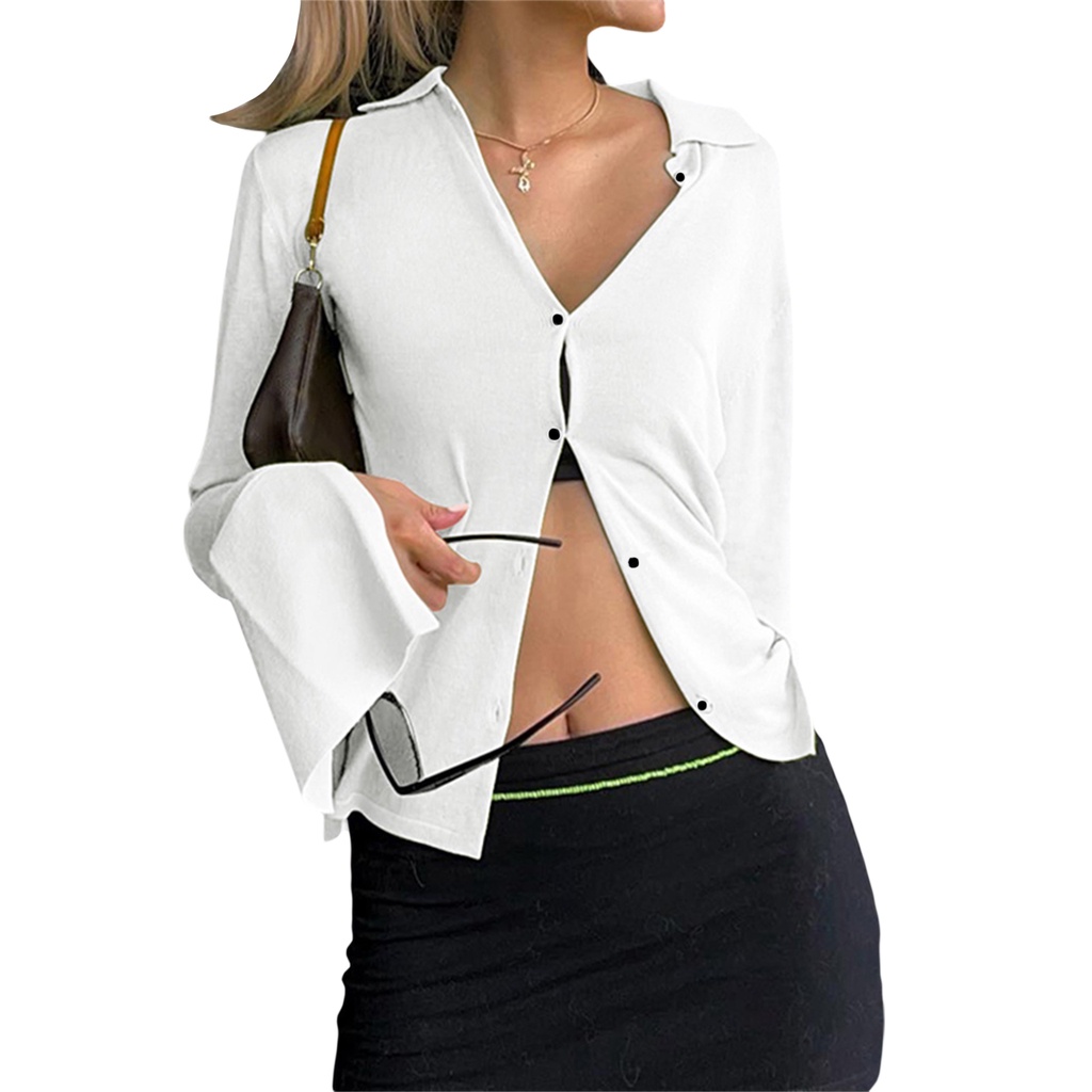 Áo Sơ Mi Tay Dài Cổ Chữ V Cài Khuy Màu Sắc Trơn Cho Nữ CY03-