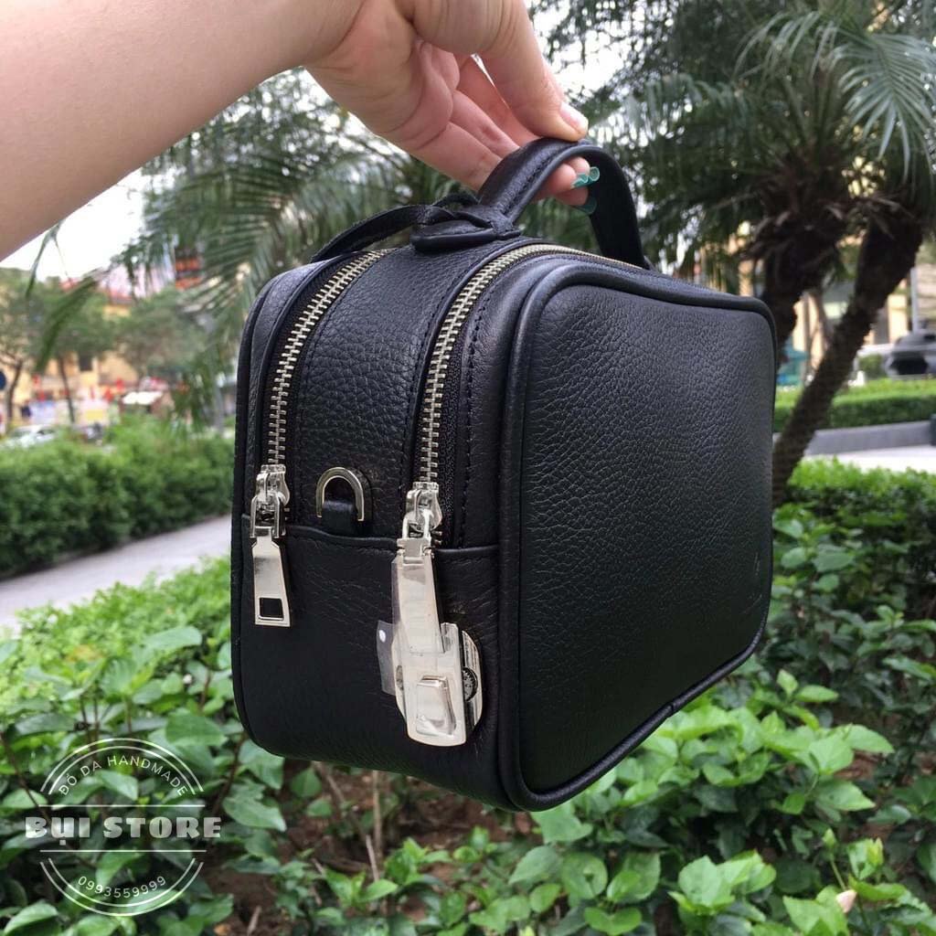 Túi Clutch cầm tay da bò thật, Túi Golf 2 ngăn có khóa số an toàn hàng khâu tay thủ công 100%