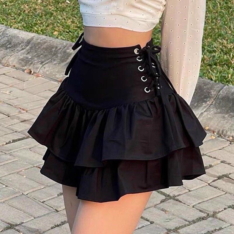 Chân váy 2 tầng đan dây 2 bên chất vải boly có quần trong hàng y hình kèm ảnh thật chính chủ ( free size từ 40-53kg)