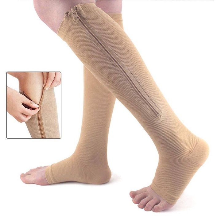 Tất vớ nén giãn tĩnh mạch có dây kéo, dài dưới gối , hở ngón chân