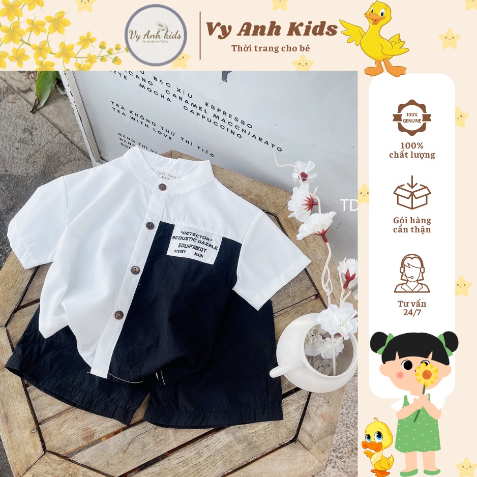Set bộ sơ mi cổ tàu phối màu cho bé trai cao cấp, Bộ quần áo cộc tay bé nam phong cách cá tính