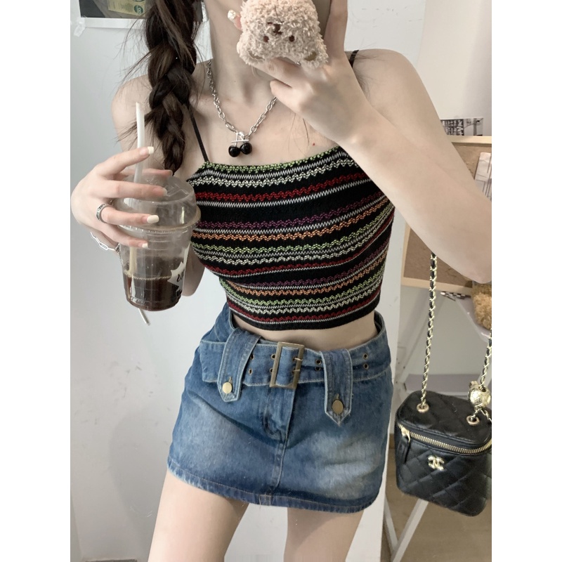 QADCOL Áo Hai Dây Dệt Kim Dáng Ngắn Phong Cách Pháp Thời Trang Mùa Hè Cho Nữ