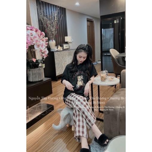 Set bộ áo đen hình gấu teddy kèm quần kẻ cho nữ