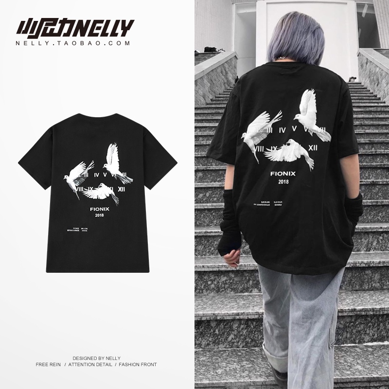 NELLY Áo Thun Tay Lỡ Dáng Rộng 100% Cotton In Hình Chim Bồ Câu Thời Trang Cho Nam Và Nữ 5605