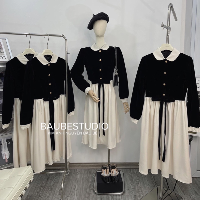 Set áo nhung đen phối chân váy nude