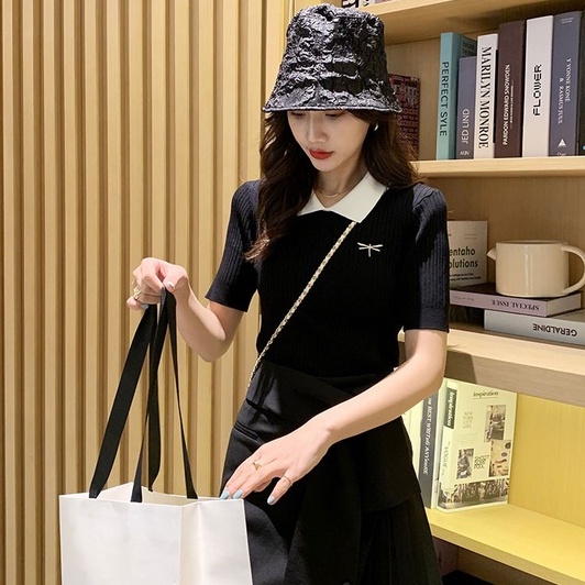 Minimalist Labo Áo thun polo dệt kim tay ngắn thêu hình chuồn chuồn dễ thương thời trang