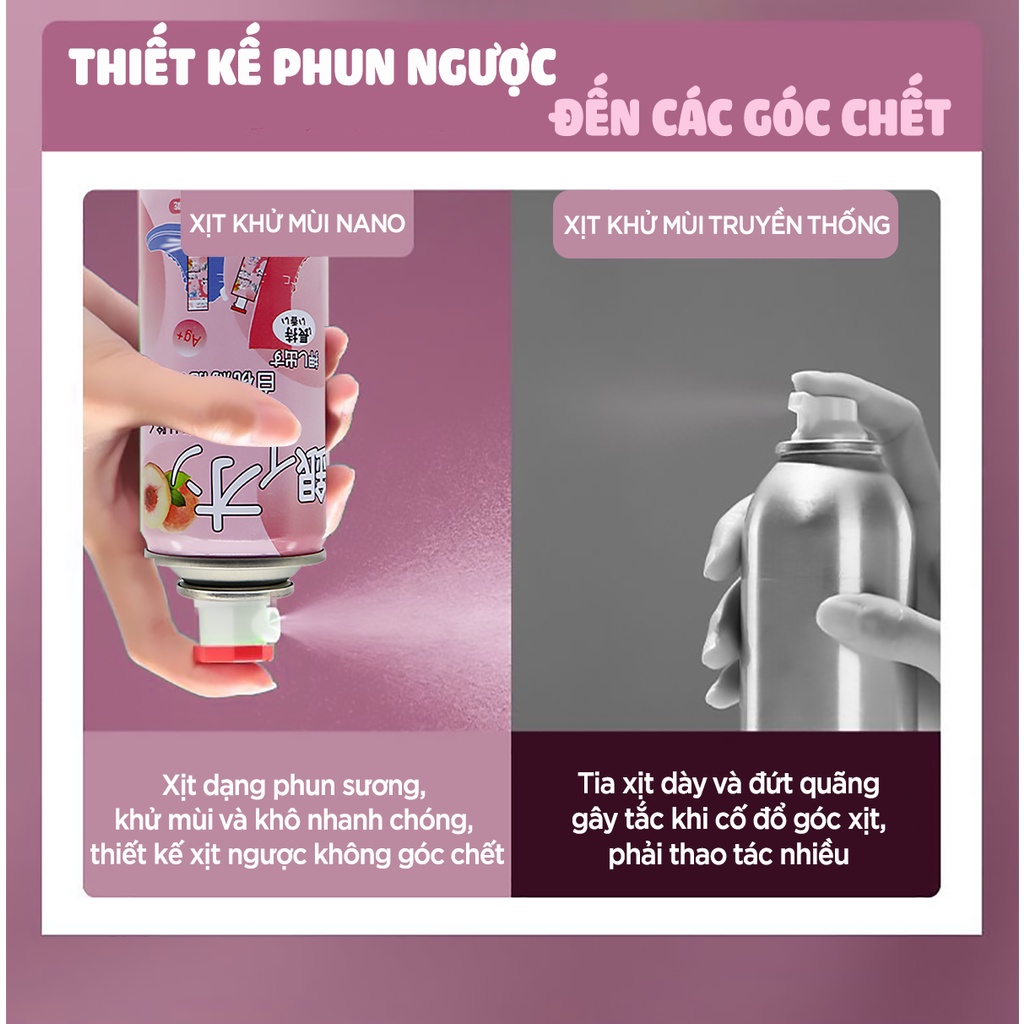 Chai xịt khử mùi giày dép Nano Bạc hương trái đào diệt khuẩn Shoes 2h 1 lọ 260ml, làm thơm tủ giày, quần áo, tất vớ chân