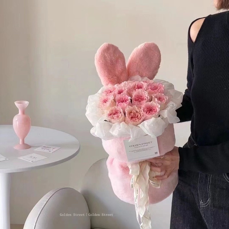 Vải lông mịn tai thỏ bó hoa phong cách hàn quốc hiện đại, xinh xắn