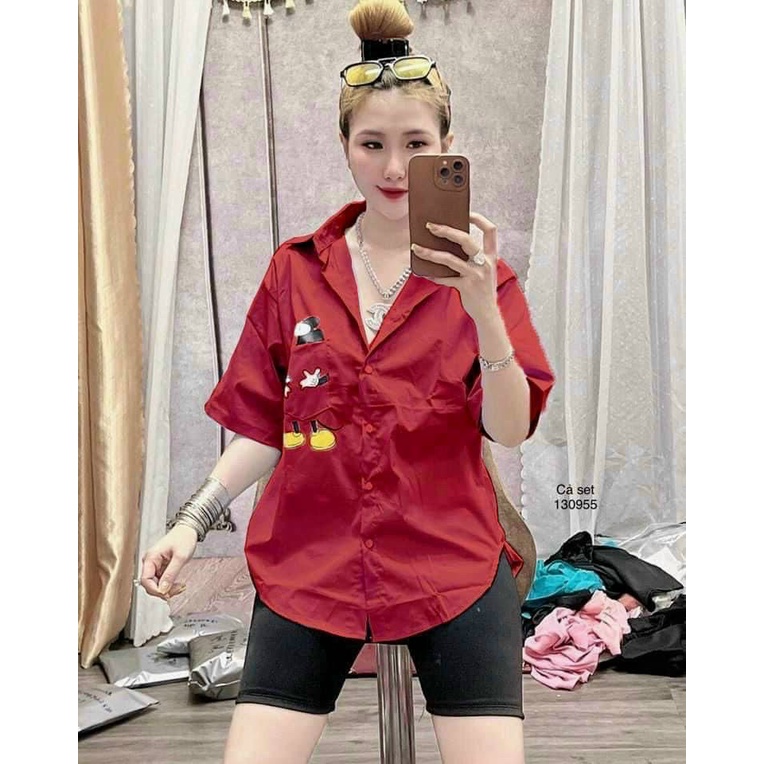 [3,3 Sales Freeship] Set bộ sơ mi from rộng tay ngắn in hình mickey phối quần ngố, set bộ lửng đi chơi trẻ trung dx