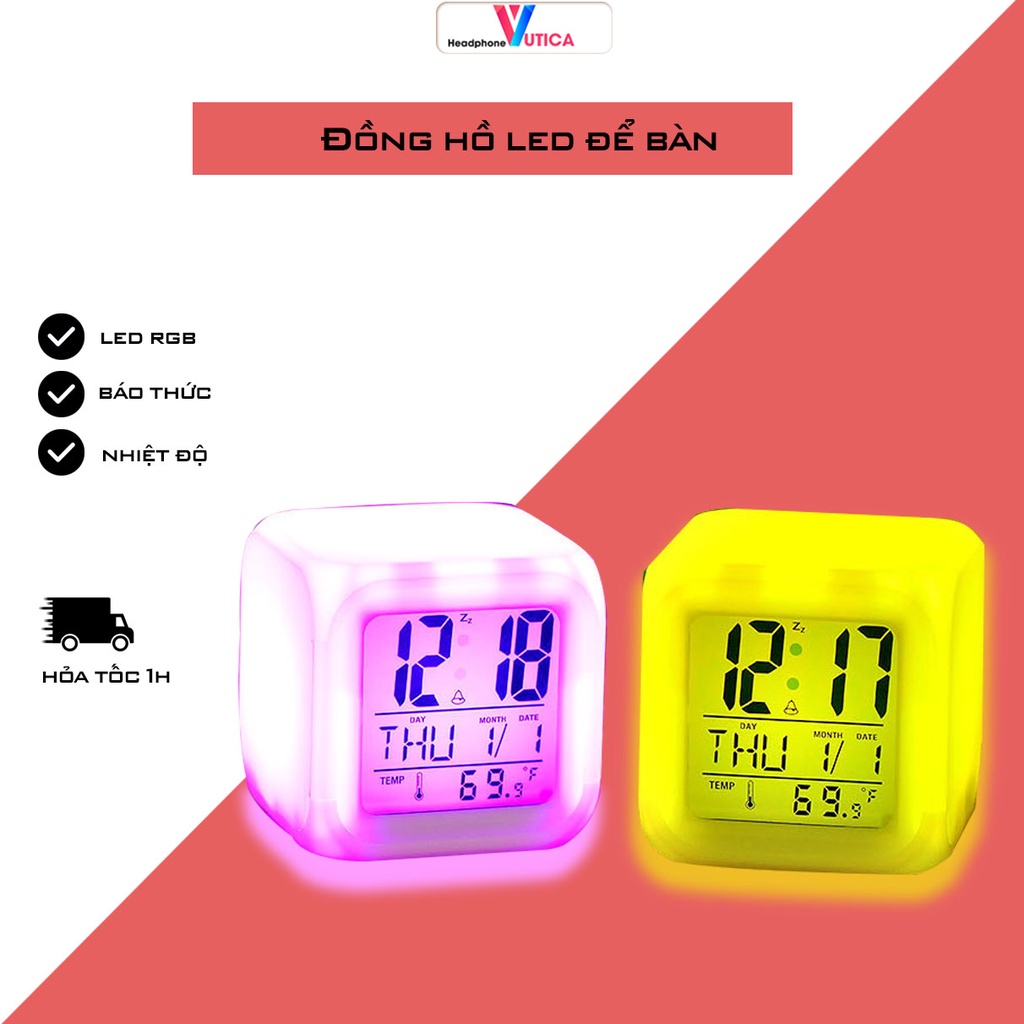 Đồng hồ để bàn led đổi màu đồng hồ để bàn trang trí  điện tử đổi màu khi chạm nhỏ gọn tiện lợi đo nhiệt độ báo thức