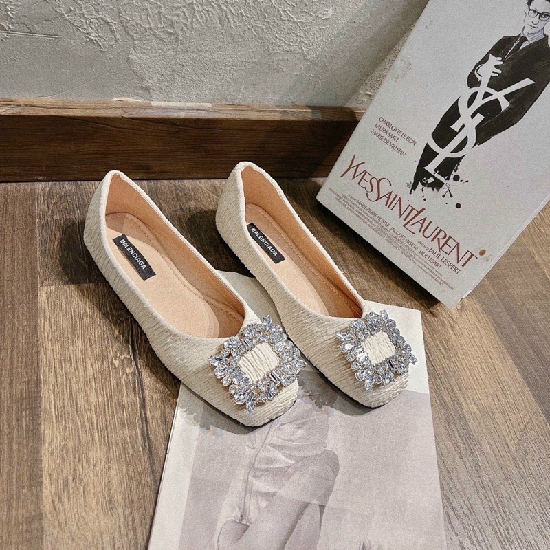 Giày búp bê nữ đế bệt vân xước phối đá hoa sang chảnh