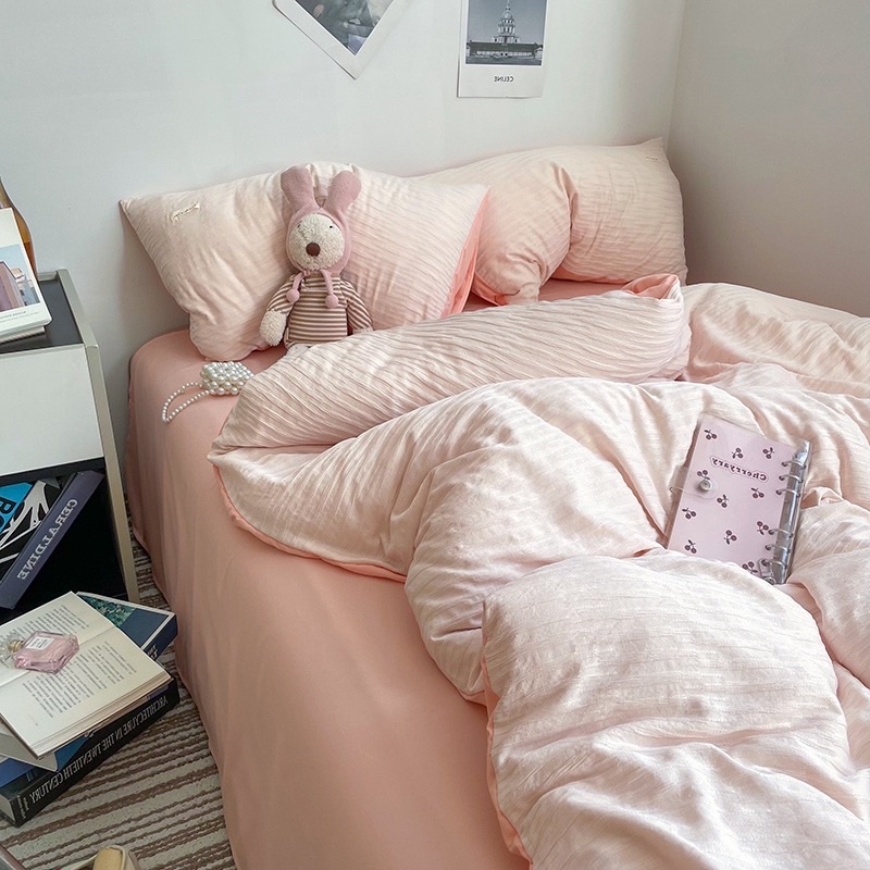 Bộ 4 món ga gối và vỏ chăn Cotton Đũi Dập Sóng năng động trẻ trung