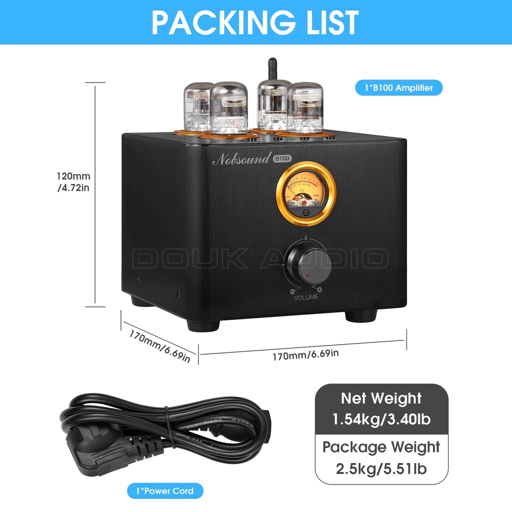 Douk Audio B100 Bộ khuếch đại đèn điện tử Bluetooth 5.0 kết nối Coaxial / Optical Power Amp USB DAC Headphone Amp w/VU
