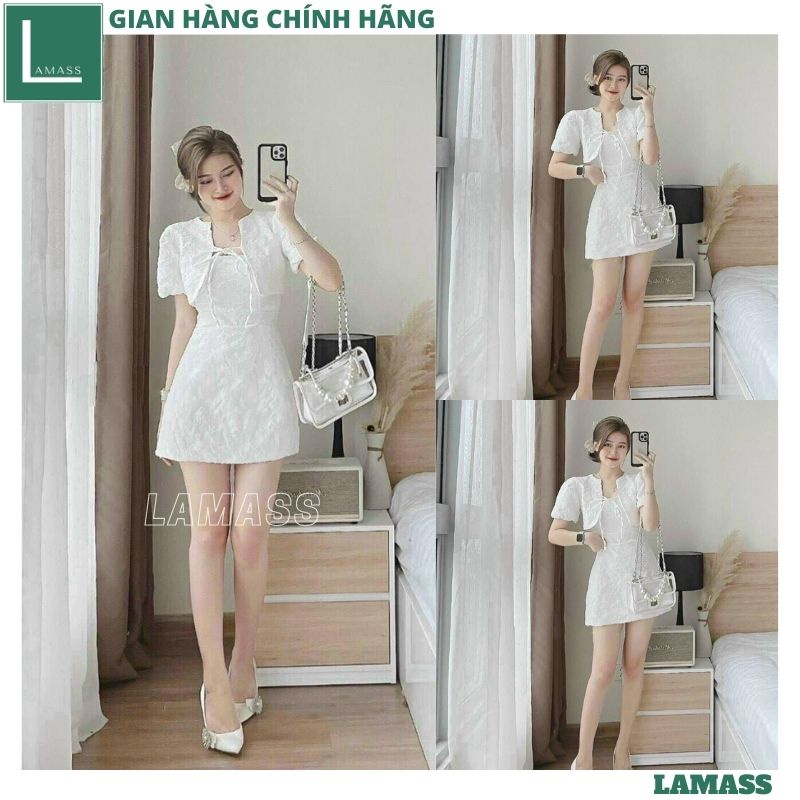 Set váy gấm xốp 2 dây kèm áo khoác ngoài croptop tay bồng, Đầm gấm trắng thiết kê dự tiệc siêu sang chảnh cực hot - LAMA