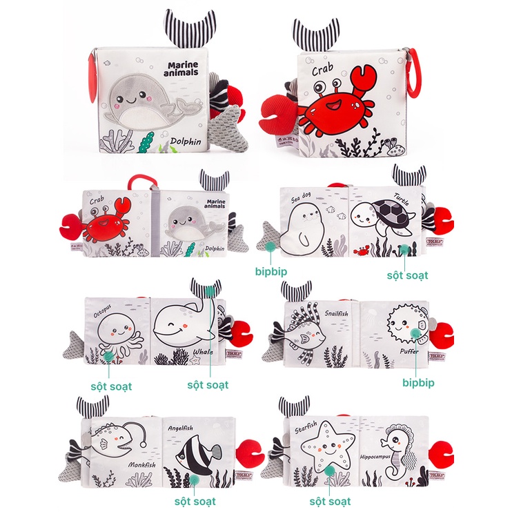 Sách vải đen trắng có đuôi giáo dục sớm kích thích thị giác trẻ sơ sinh Tololo T2