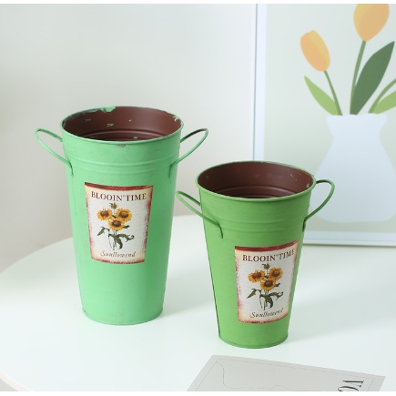 Xô thiếc in hình hoa XOS6 trang trí tiểu cảnh chậu sắt cắm hoa bút để dụng cụ decor 20cm và 24,5cm