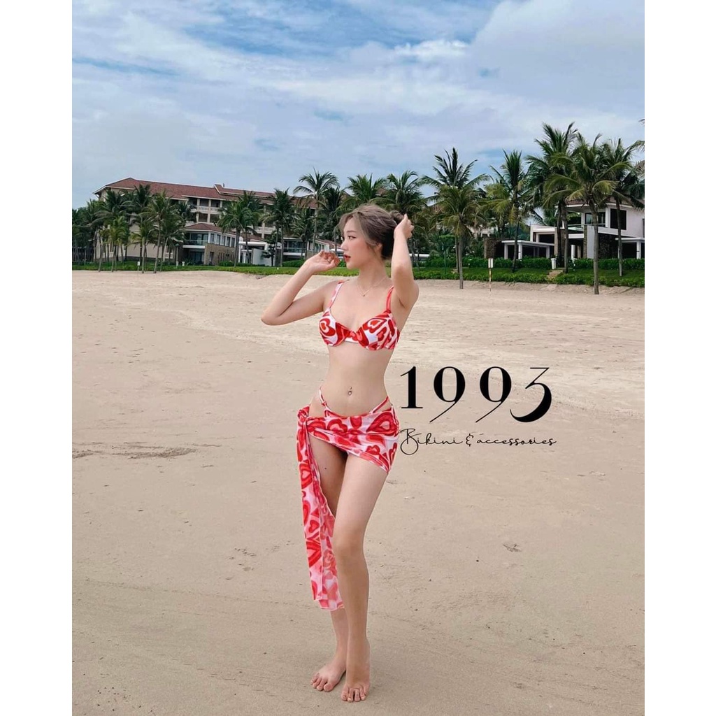 Đồ Bơi Nữ Bikini Lanbishop 3 Món Áo Gọng Nâng Ngực Họa Tiết Tim Hồng Trắng Kèm Khăn Mẫu Mới Sexy Lanbi 111