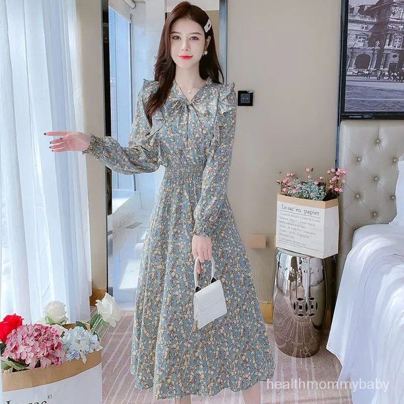 Trang Phục Cho Con Bú Đi Chơi  Hoa Váy Liền Dài Tay Mỏng  Váy Dài Thắt Nơ Mặc Bên Trong Cho Con Bú