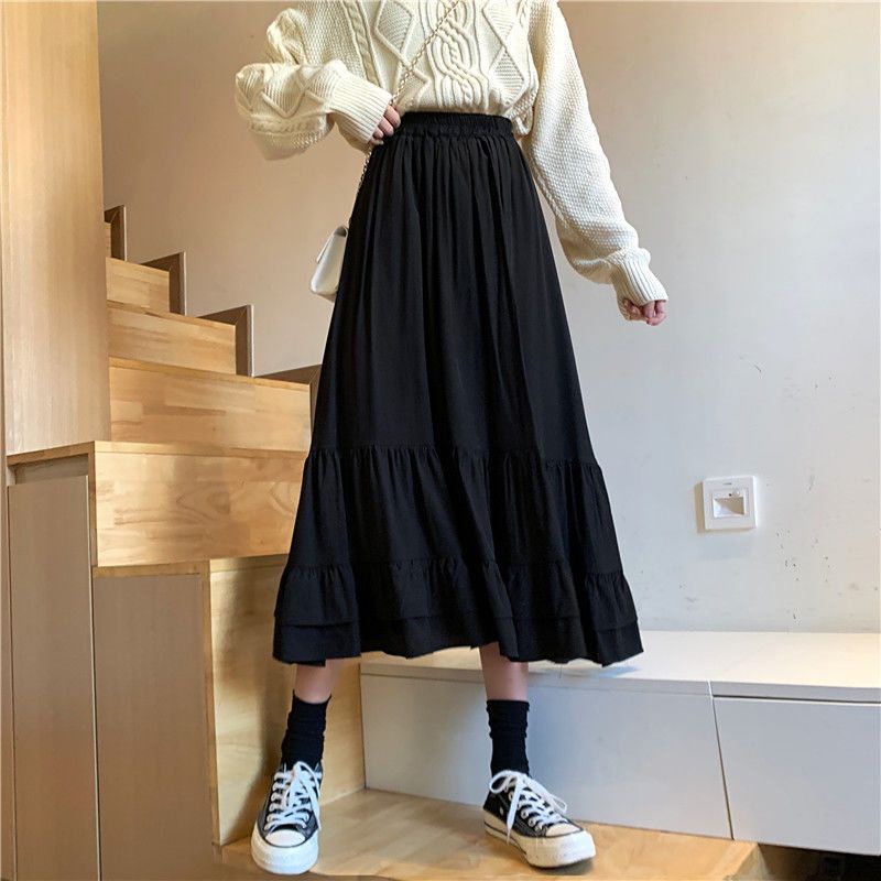 Happy-store ❤️ Váy voan nữ dài vừa phải eo cao màu trơn nhỏ tươi tắn phù hợp với váy chữ A xòe lớn tự trồng