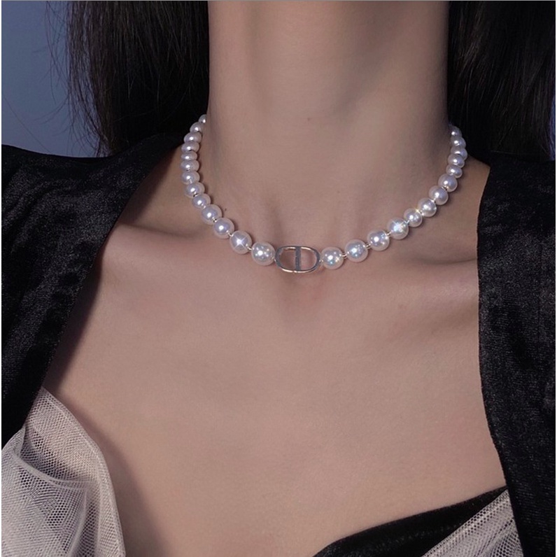Dây chuyền vòng cổ choker nữ mặt CD màu vàng ngọc trai nhân tạo phong cách hàn quốc sang chảnh