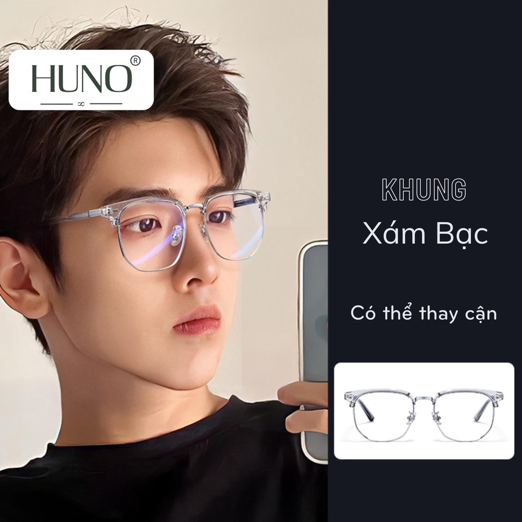 Mắt kính nam nữ màu xám bạc thời trang HUNO, gọng kính cận vuông kim loại cao cấp 0 độ chống ánh sáng xanh K66