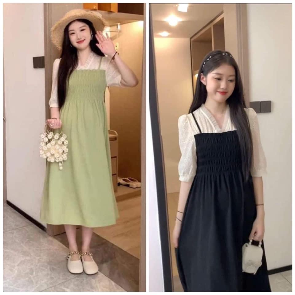 Váy bầu chun ngực phối tay ren trắng ,2 màu xanh cốm và đen cực đẹp, chất mềm mịn mát size 45-75kg