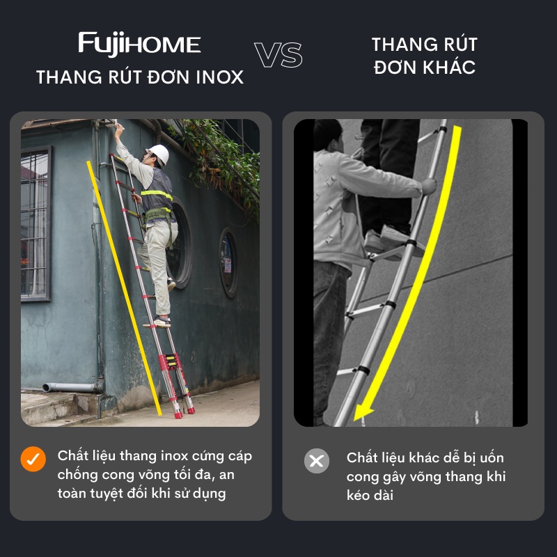 Thang nhôm Inox rút đơn 3,8m - 4,4m - 5m gấp gọn Nhập Khẩu Nhật Bản FUJIHOME, telescopic ladder