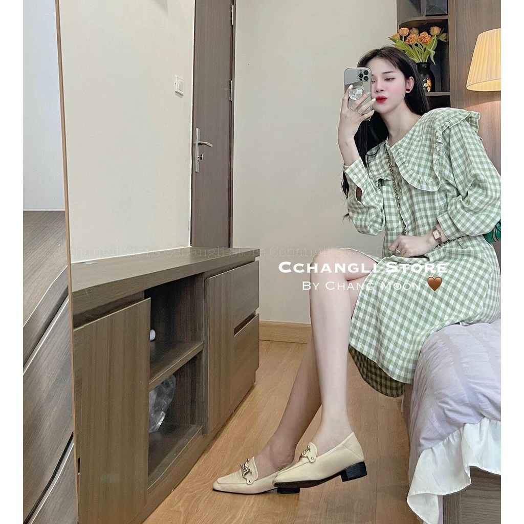 Đầm caro xanh cổ sen siêu hot