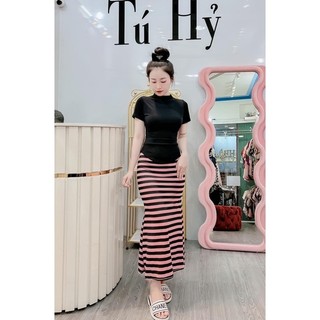 Sét váy sọc đuôi cá áo cổ lọ