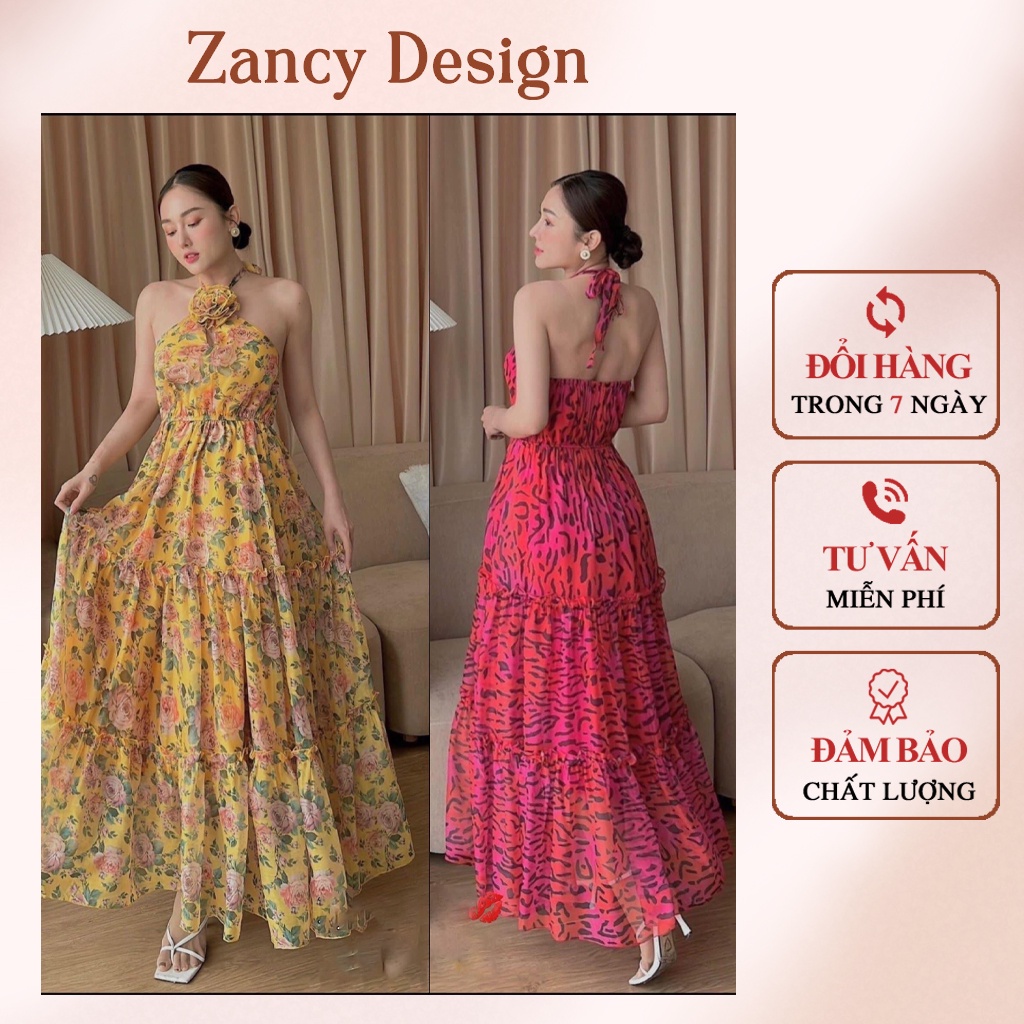 Đầm maxi hở lưng nơ cổ, váy nữ dáng xòe sành điệu đi biển đi chơi Zancy MAXINO004