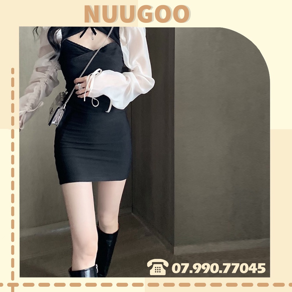 Váy nữ họa tiết tay bồng cổ nơ  đầm nữ sexy tay bồng  sexy phong cách hàn quốc NUUGOO17