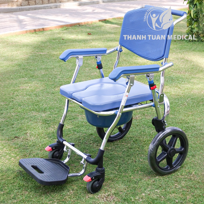 Xe lăn kết hợp ghế bô vệ sinh đa năng BÁNH LỚN GBM-018 khung hợp kim nhôm siêu bền - Có đệm, Bánh xe, Chỗ gác chân