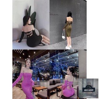 (Hình thật của sản phẩm) Đầm body midi ôm đan lưng tay dài sang chảnh 3370