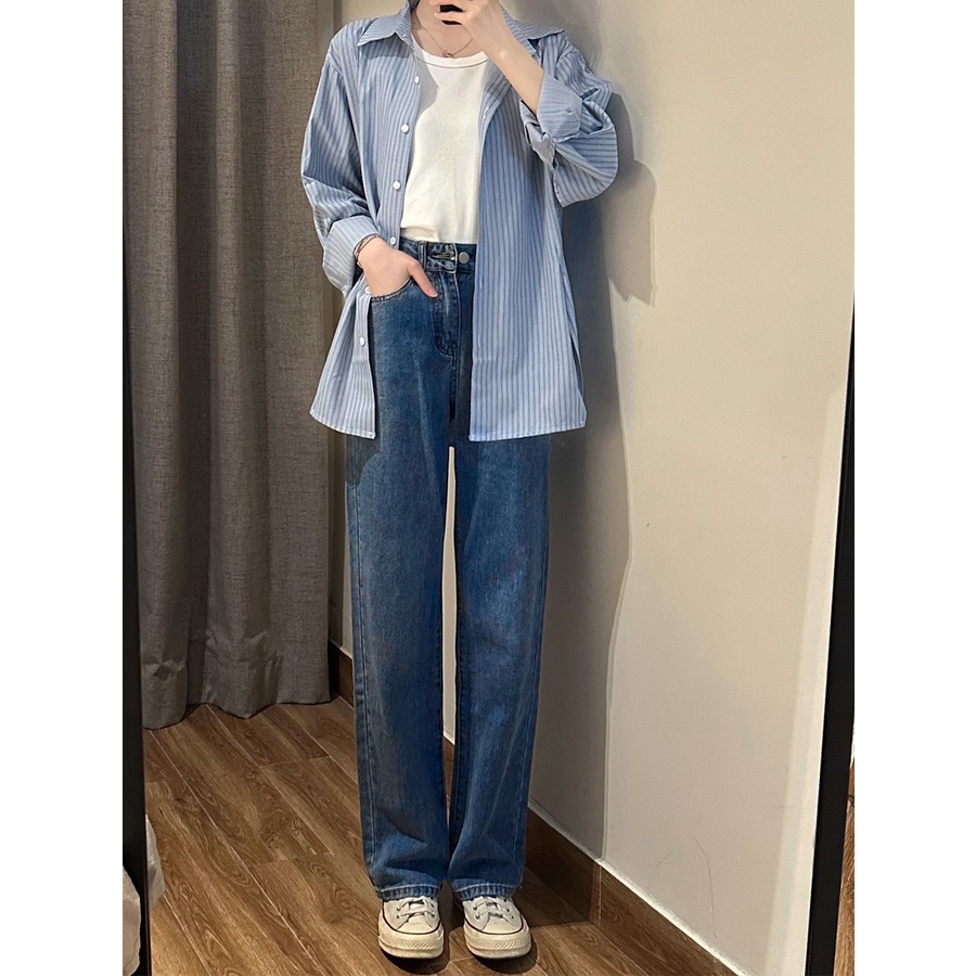 Quần bò nữ xanh đậm nhạt Baggy ống đứng suông rộng lưng cạp cao, Quần Jean Form chất xuông JNO1 hottrend Hàn 2023 | BigBuy360 - bigbuy360.vn